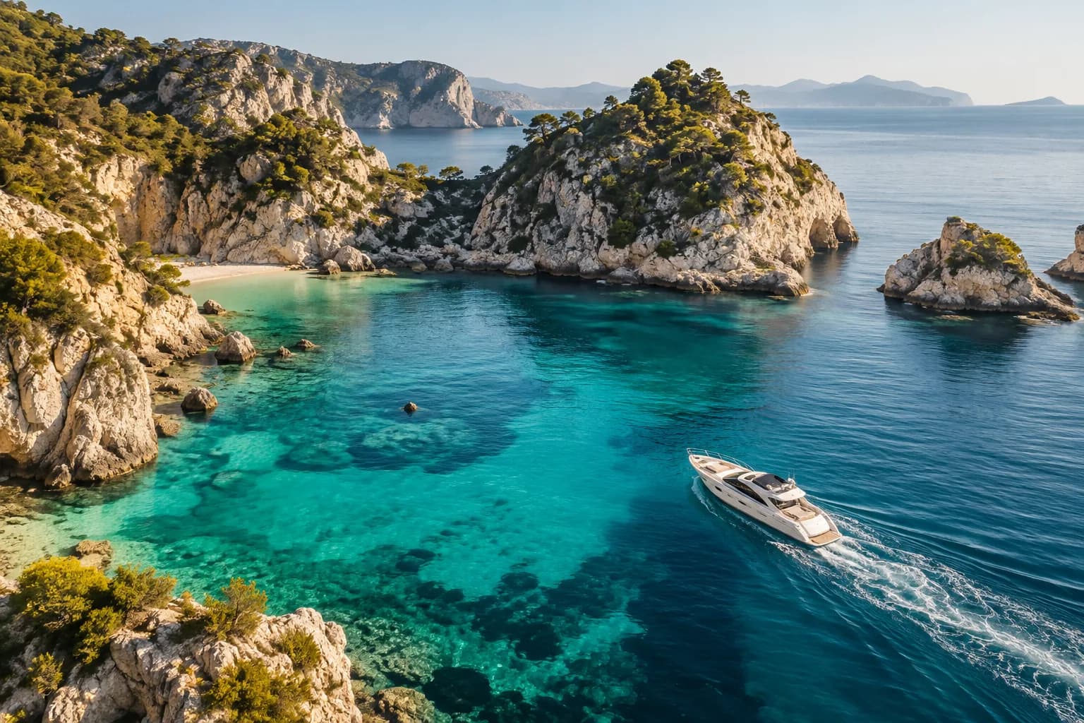 A yacht moving through clear coastal water
