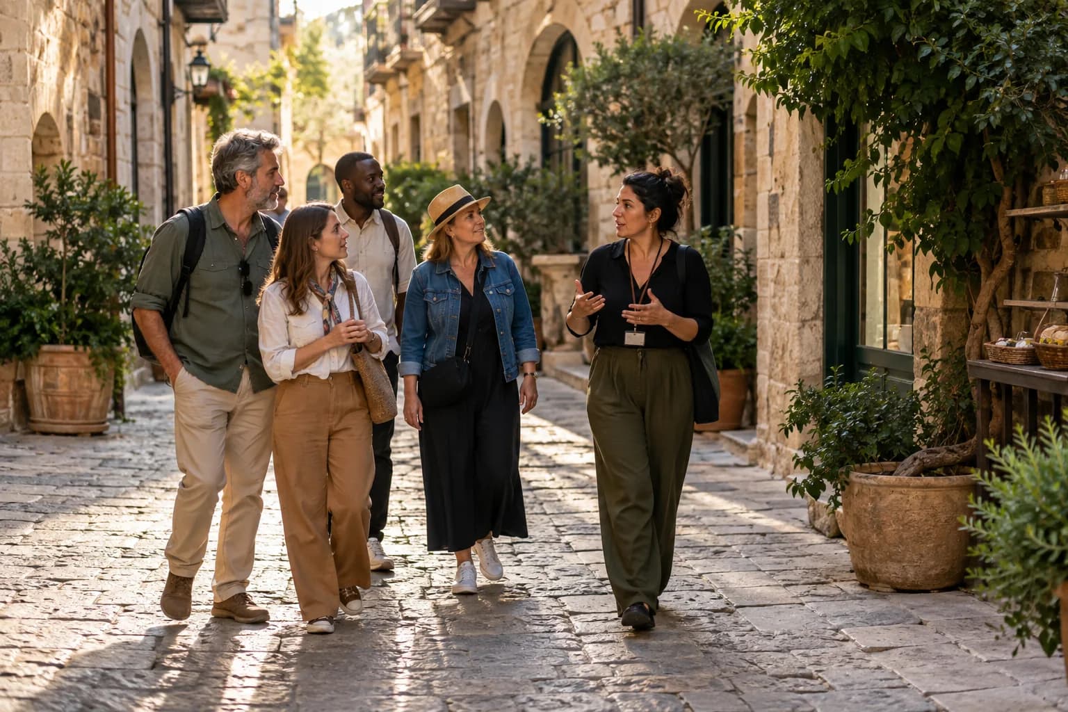 A local guide leading a small walking tour