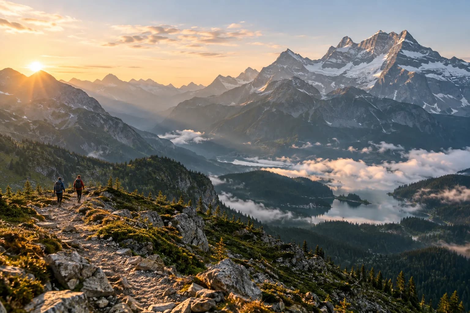 Hikers looking across a mountain route at sunrise