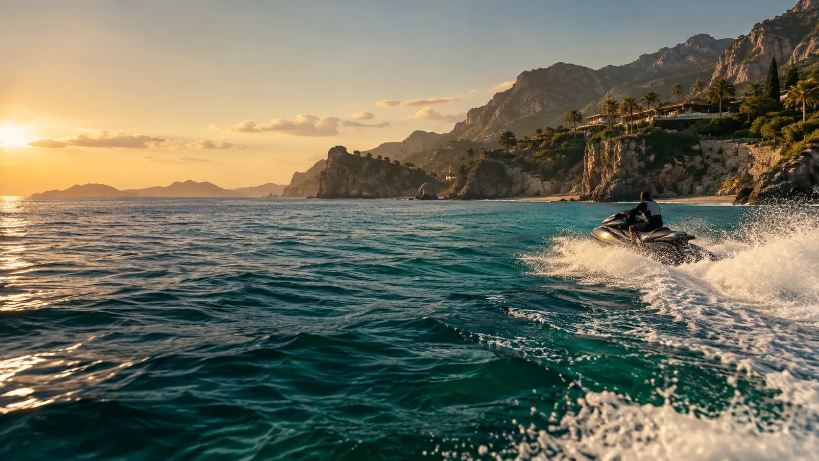 A jet ski crossing the sea near a rocky coast