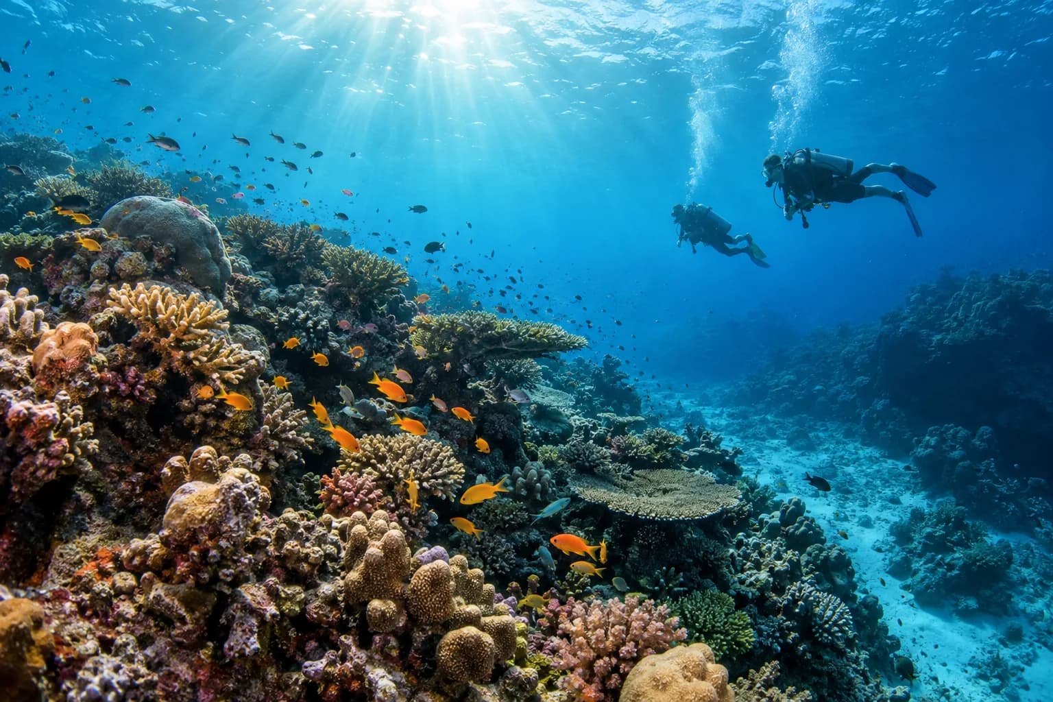 Two scuba divers above a healthy coral reef