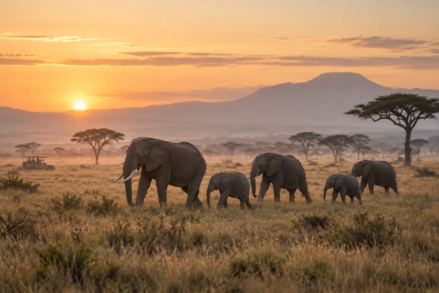 Elephants crossing open savannah at dawn